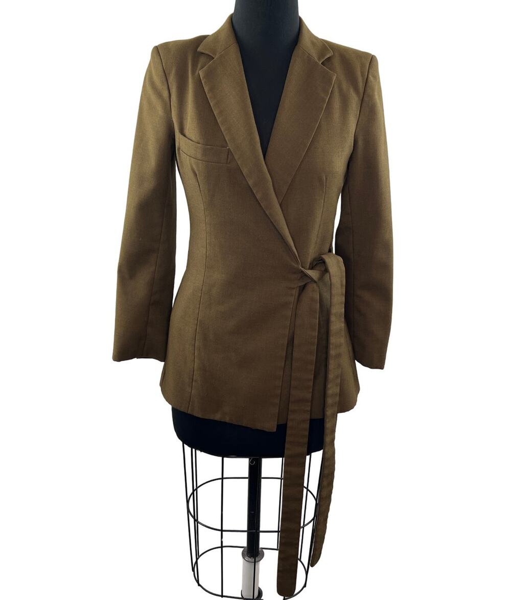 THEBE MAGUGU Green Brown Cotton Notched Lapel Side Tie Career Blazer Jacket XS